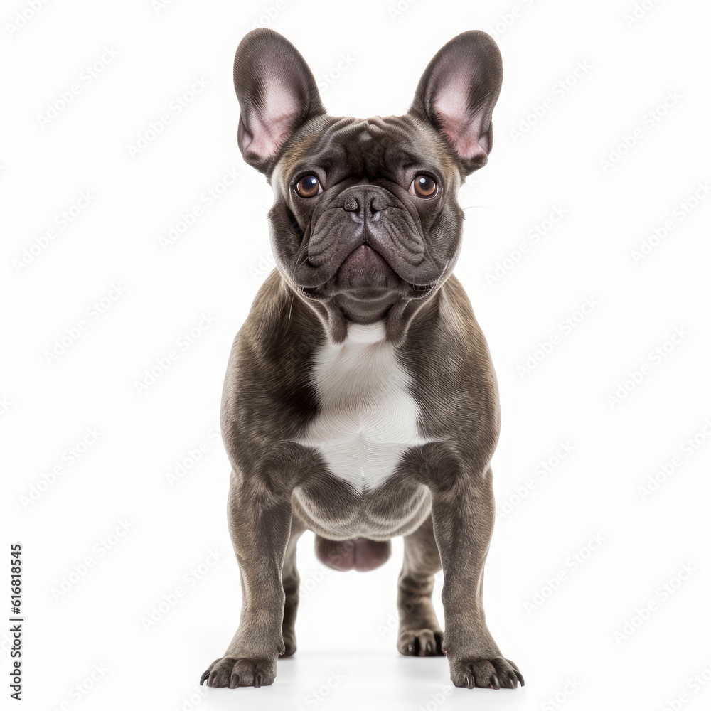 Standing French Bulldog Dog. Isolated on Caucasian, White Background. Generative AI.