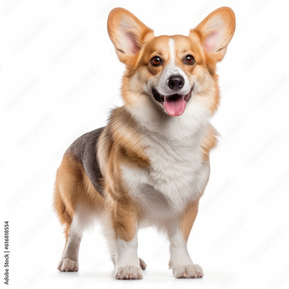 Standing Corgi Dog. Isolated on Caucasian, White Background. Generative AI.