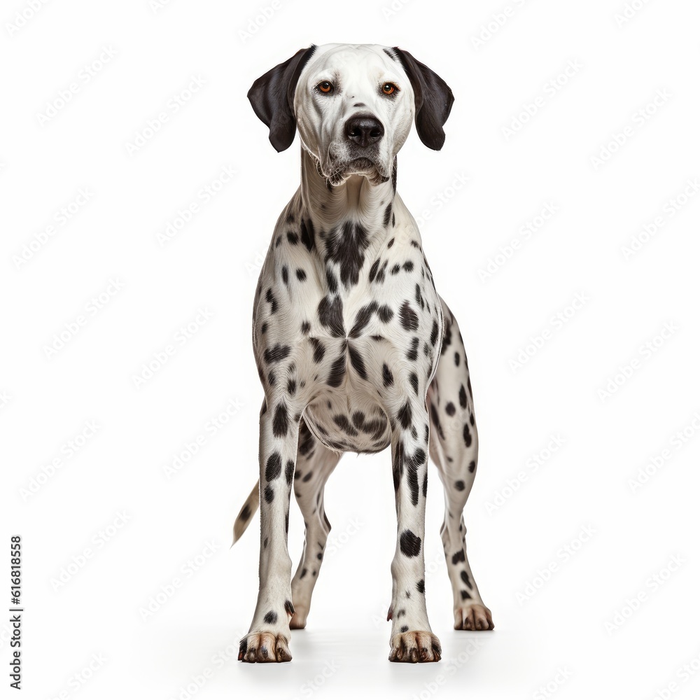 Standing Dalmatian Dog. Isolated on Caucasian, White Background. Generative AI.