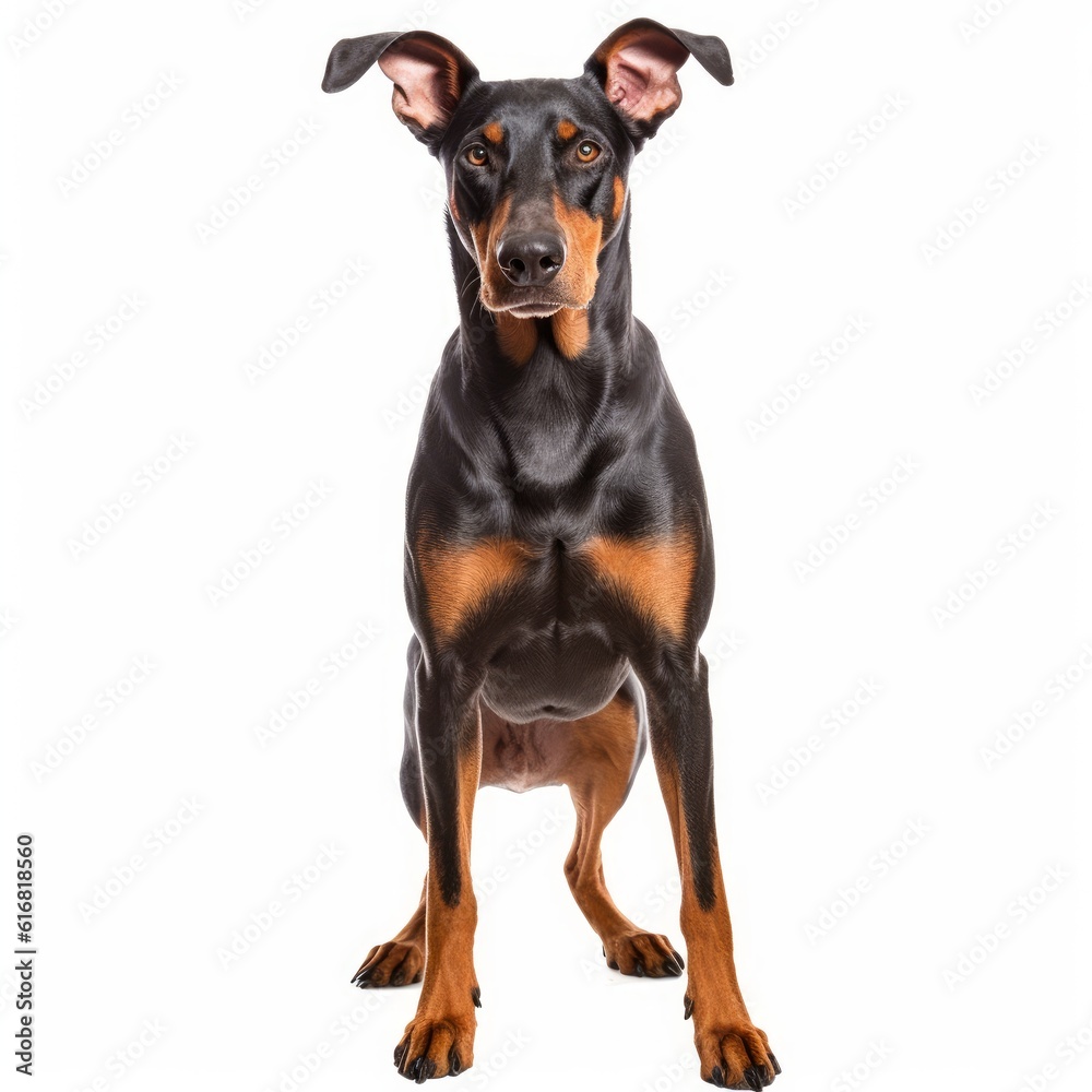 Standing Doberman Pinscher Dog. Isolated on Caucasian, White Background. Generative AI. Standing Doberman Pinscher Dog. Isolated on Caucasian, White Background. Generative AI.