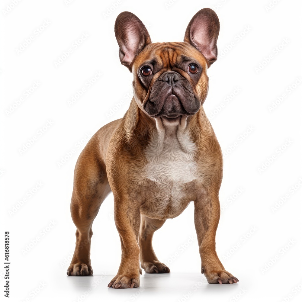 Standing French Bulldog Dog. Isolated on Caucasian, White Background. Generative AI.