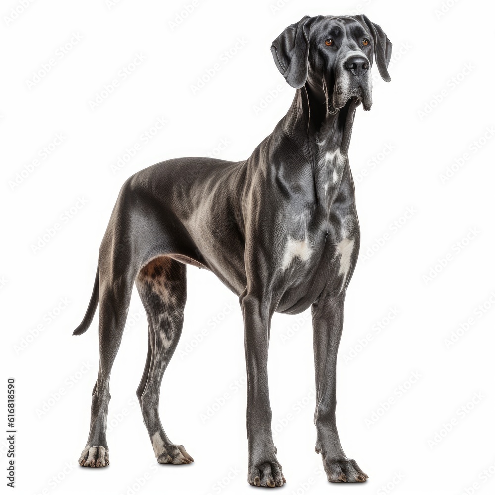 Standing Great Dane Dog. Isolated on Caucasian, White Background. Generative AI.