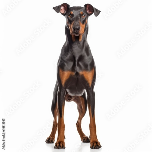 Standing Doberman Pinscher Dog. Isolated on Caucasian  White Background. Generative AI.