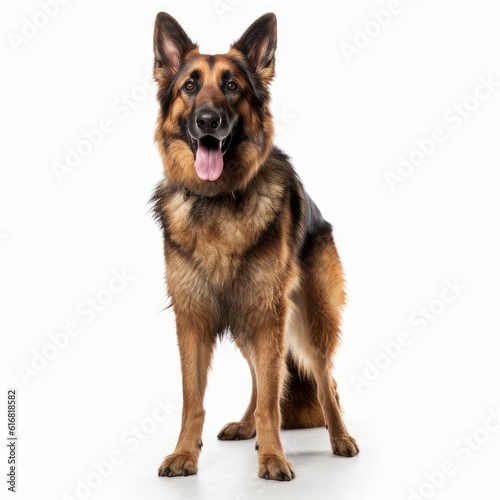 Standing German Shepherd Dog. Isolated on Caucasian, White Background. Generative AI.