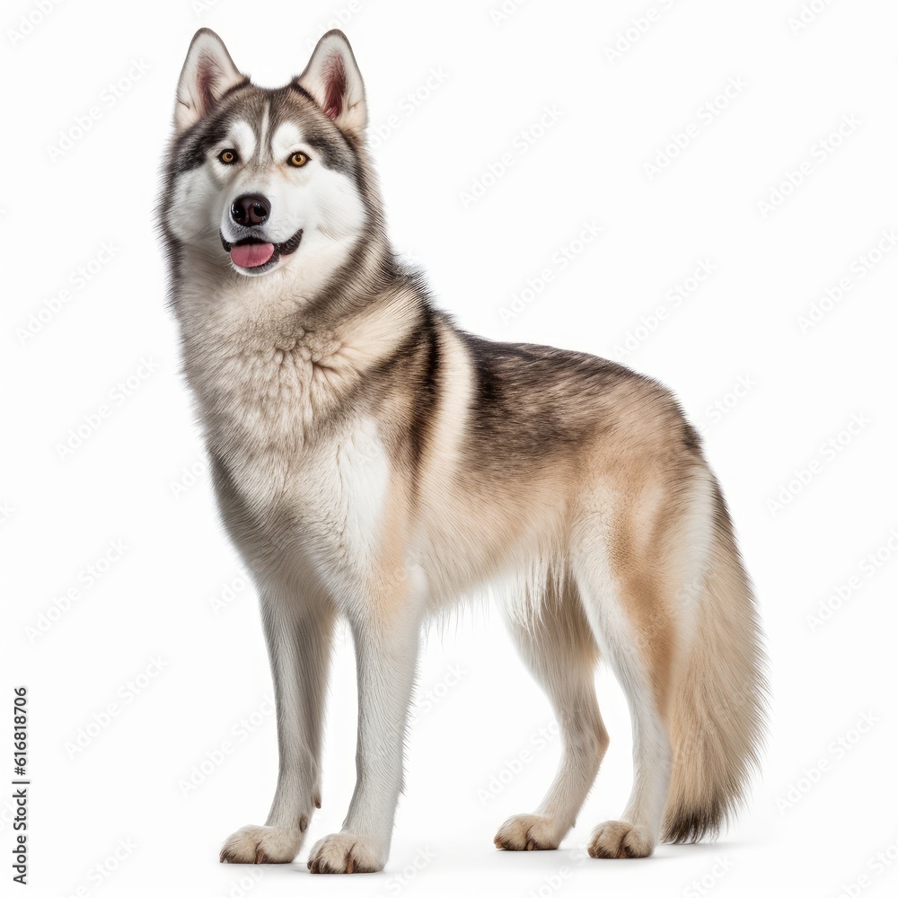 Standing Siberian Husky Dog. Isolated on Caucasian, White Background. Generative AI.