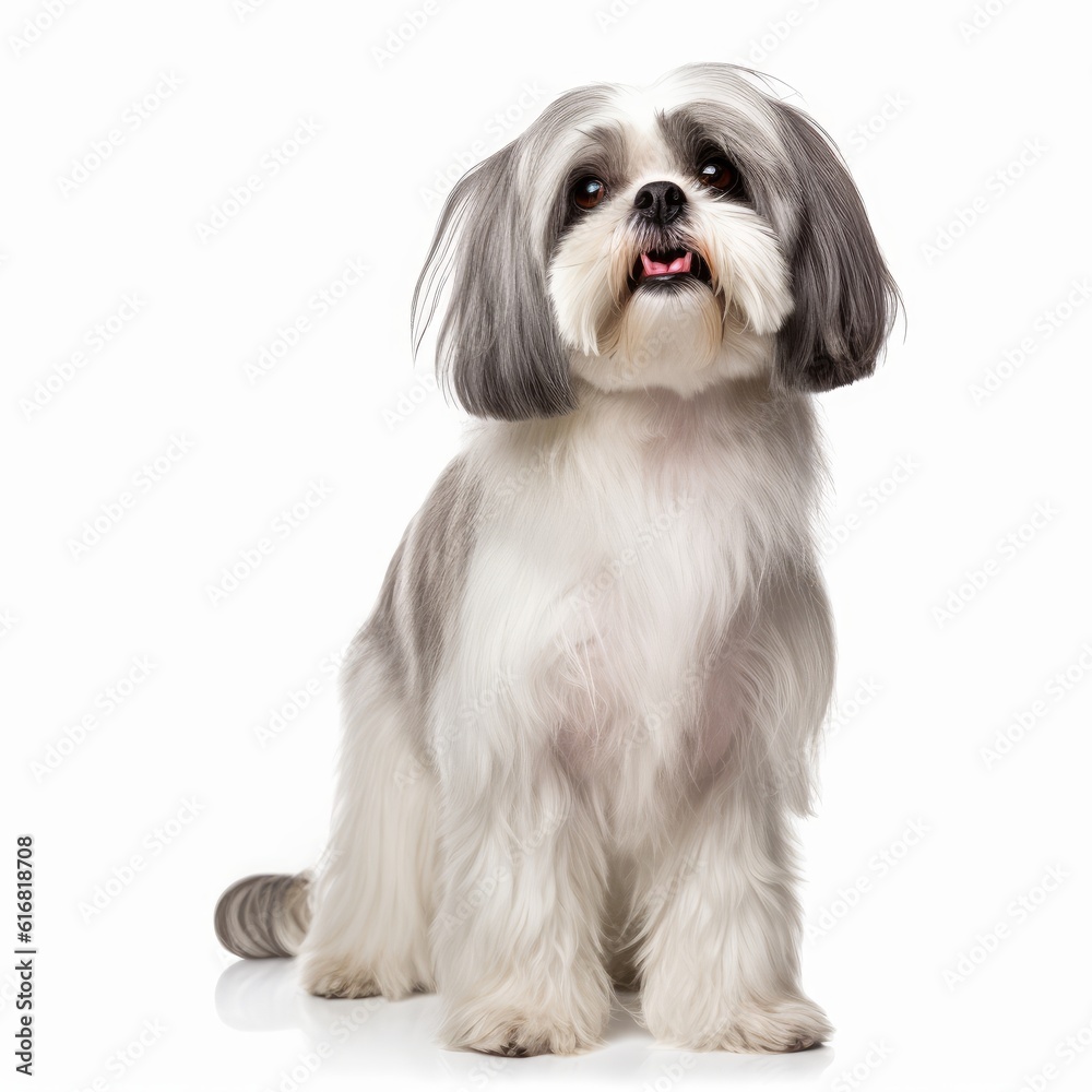 Standing Shih Tzu Dog. Isolated on Caucasian, White Background. Generative AI. Standing Shih Tzu Dog. Isolated on Caucasian, White Background. Generative AI.