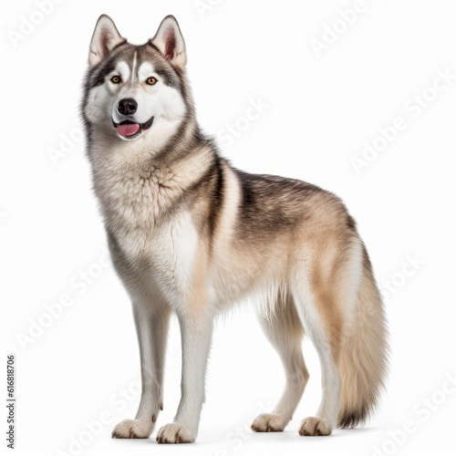 Standing Siberian Husky Dog. Isolated on Caucasian  White Background. Generative AI.