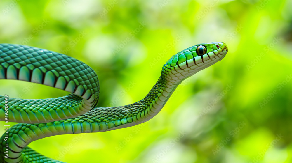 Fototapeta premium wild green snake in natural background created with generative ai technology