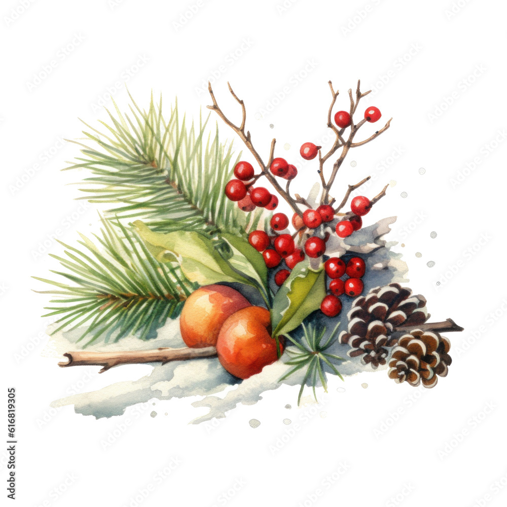 Christmas composition watercolor. Illustration AI Generative.