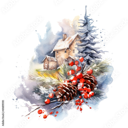 Christmas composition watercolor. Illustration AI Generative.