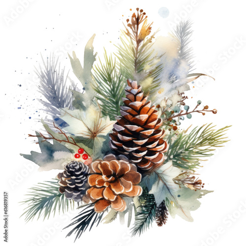 Christmas composition watercolor. Illustration AI Generative.