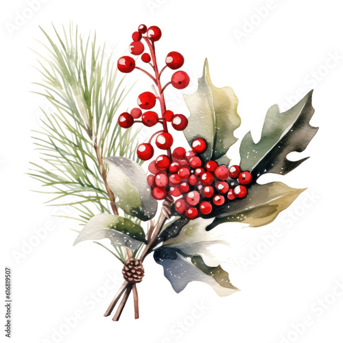 Christmas composition watercolor. Illustration AI Generative.