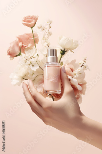 Womans hand holding a bottle of skin care lotion or tonic. Natural organic cosmetic concept