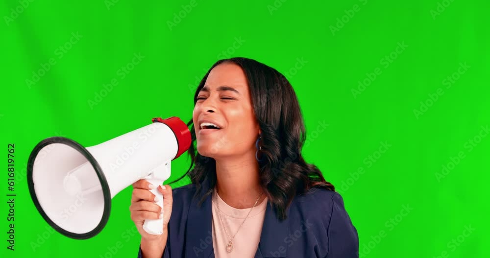 Megaphone, speech and woman with news in green screen studio for announcement on mockup background. Bullhorn, noise and female speaker with microphone for protest, change or justice, feedback or vote Megaphone, speech and woman with news in green screen studio for announcement on mockup background. Bullhorn, noise and female speaker with microphone for protest, change or justice, feedback or vote