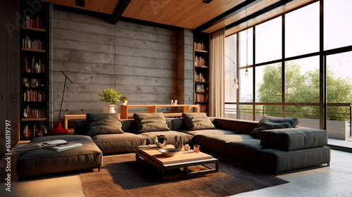 Interior of living room with sofa, modern home. Generative AI © Aram