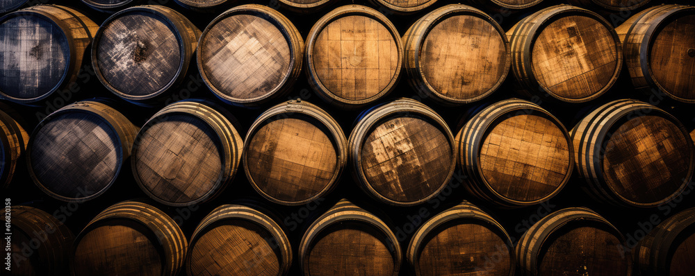 Whiskey, bourbon, scotch barrels in an aging facility. Hand edited, generative AI based. Whiskey, bourbon, scotch barrels in an aging facility. Hand edited, generative AI based.