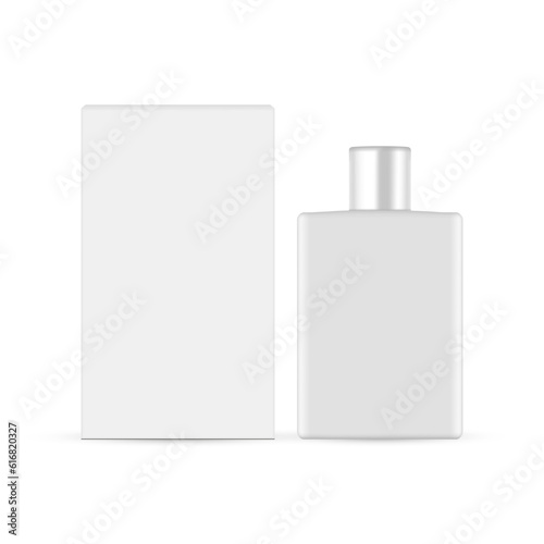 Rectangular Perfume Bottle Mockup With Packaging Box, Isolated on White Background. Vector Illustration