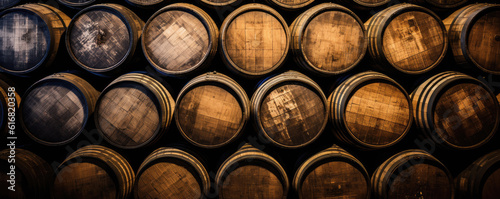 Foto Whiskey, bourbon, scotch barrels in an aging facility