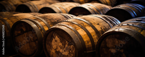 Canvas Print Whiskey, bourbon, scotch barrels in an aging facility