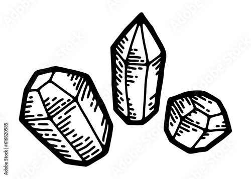 Engraved crystal. Etching science art, vintage black and white old chemistry gemstone, mineral. Vector illustration design 