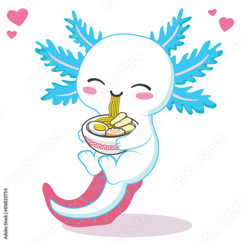 Kawaii axolotl eating ramen noodle cartoon vector illustration
