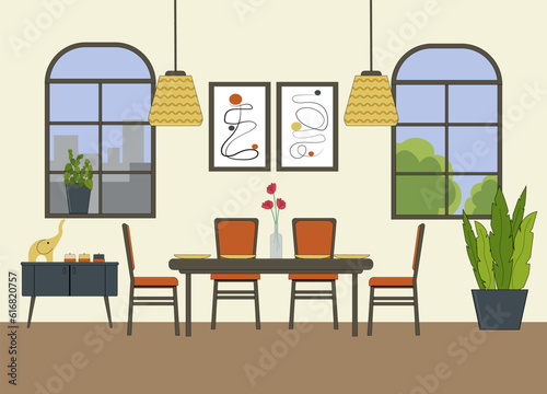 Cozy dining room illustration. A room with a table and chairs, two windows, paintings on the wall, a chandelier cabinet with figurines and candles. Vector. For the design of flyers, brochures and