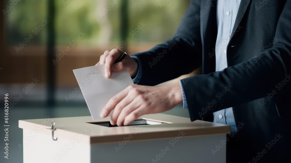 hand drops ballot into ballot box on election day. the will of the voters. free elections. Generative AI hand drops ballot into ballot box on election day. the will of the voters. free elections. Generative AI