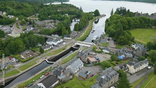 Aerial drone video of the boat lock in the Caledonian Canal in Fort Augustus, Scotland