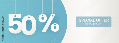 Wide turquoise banner. 50 percent off banner.