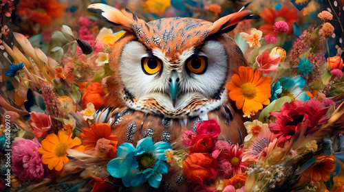 Owl bird in colorful flowers. Generative AI
