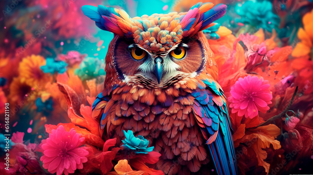 Owl bird in colorful flowers. Generative AI