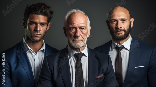 Group of three modern business men of different age and ethnicity looking seriously at camera. AI generated Illustration