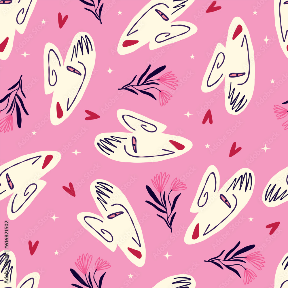 Naklejka premium Pink Vibrant Feminine Aesthetic pattern with abstract painted faces and rose flowers