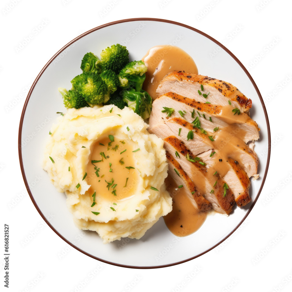 Delicious Plate of Sliced Turkey and Mashed Potatoes Isolated on a Transparent Background Delicious Plate of Sliced Turkey and Mashed Potatoes Isolated on a Transparent Background