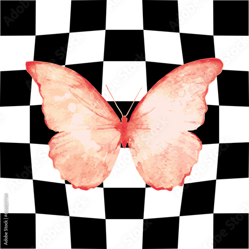 Pink butterfly on checkered board, vector design for fashion, card, poster prints