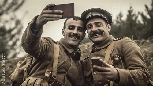 Two soldiers from the vintage military World War II. Smiling men selfie in the foxhole.