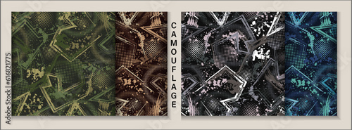 Camouflage patterns with paint splatter, smudges