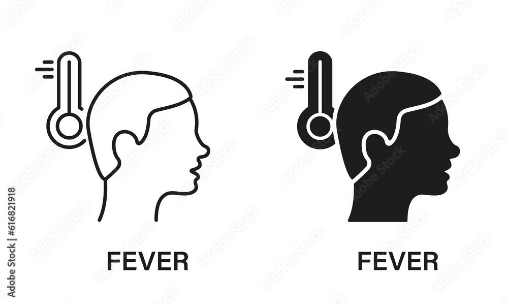 Fever Symptom Line and Silhouette Icon Set. Fever Heat, High Body