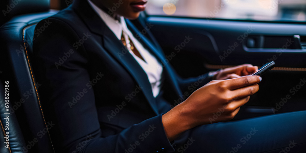 Beautiful Businesswoman is Commuting from Office in a Backseat of Her Luxury Car at Night. Checking information on financial website, using smartphone for online work, digital ai	