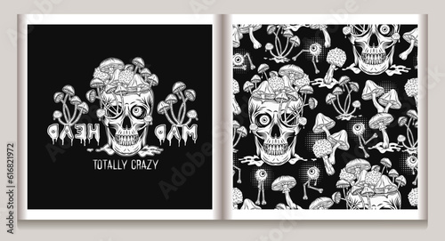 Pattern, label with eye monsters, mushrooms, skull