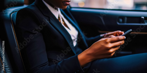Beautiful Businesswoman is Commuting from Office in a Backseat of Her Luxury Car at Night. Checking information on financial website, using smartphone for online work, digital ai  © Viks_jin