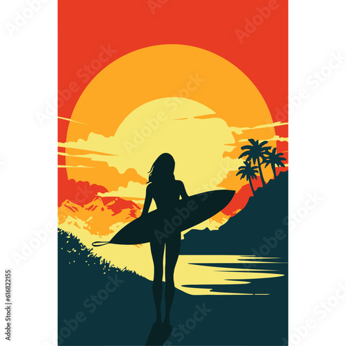A female surfer glides on a wave, her hair flowing in the wind, as the sun sets over the beach