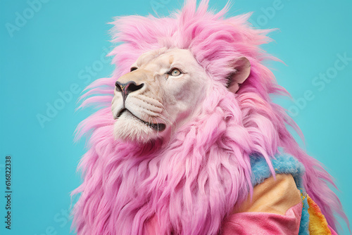 Portrait of pastel pink lion king wearing colorful sweatshirt. Abstract scene of a wild animal like a human. Bright pink pastel  hairstyle. Illustration. Generative AI.