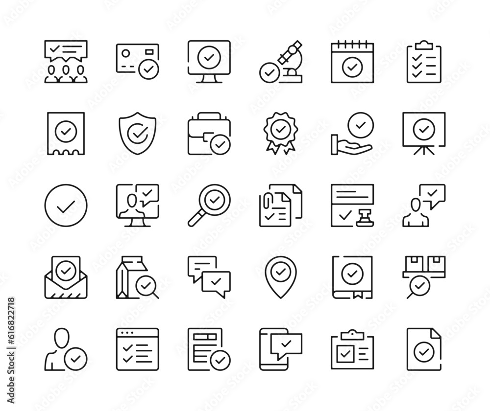 Check mark icons. Vector line icons set. Approve, tick, checkmark, quality control concepts. Black outline stroke symbols