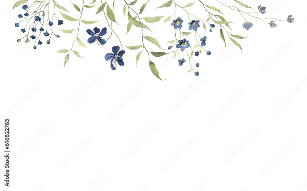 Floral card with of abstract delicate branches with small blue flowers, watercolor isolated illustration for floral print, background, design banner, greeting or invitation cards.