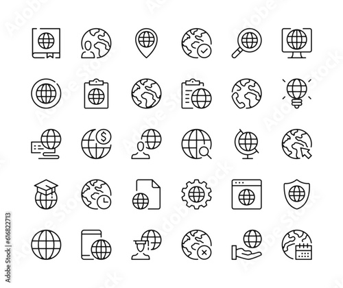Globe icons. Vector line icons set. World, planet Earth, international, global concepts. Black outline stroke symbols