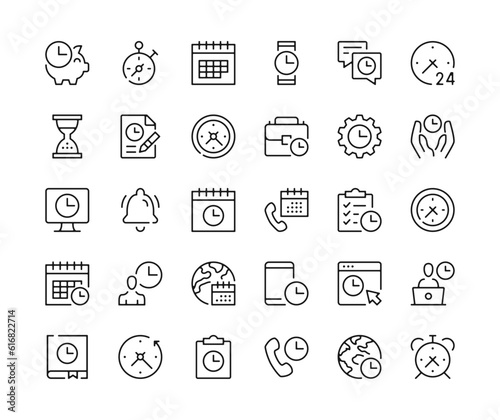 Time icons. Vector line icons set. Stopwatch, timer, watch, calendar, clock concepts. Black outline stroke symbols