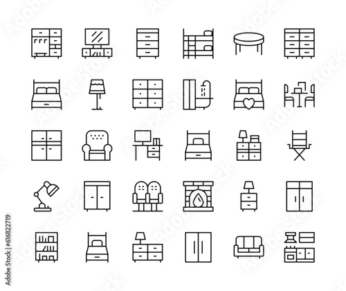 Furniture icons. Vector line icons set. Table, chair, bed, dresser, room, interior, home applicances concepts. Black outline stroke symbols photo