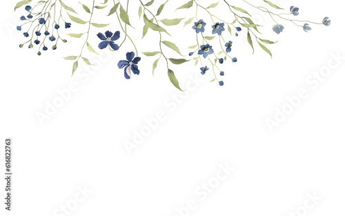 Floral card with of abstract delicate branches with small blue flowers, watercolor isolated illustration for floral print, background, design banner, greeting or invitation cards.