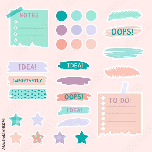 Cute paper notes in pastel colors. Stickers. Simple page. Stationary set. Notes and postcards for notes. Printable planner stickers. A note on the to-do list. Decorative element of planning. Vector  © Oksana